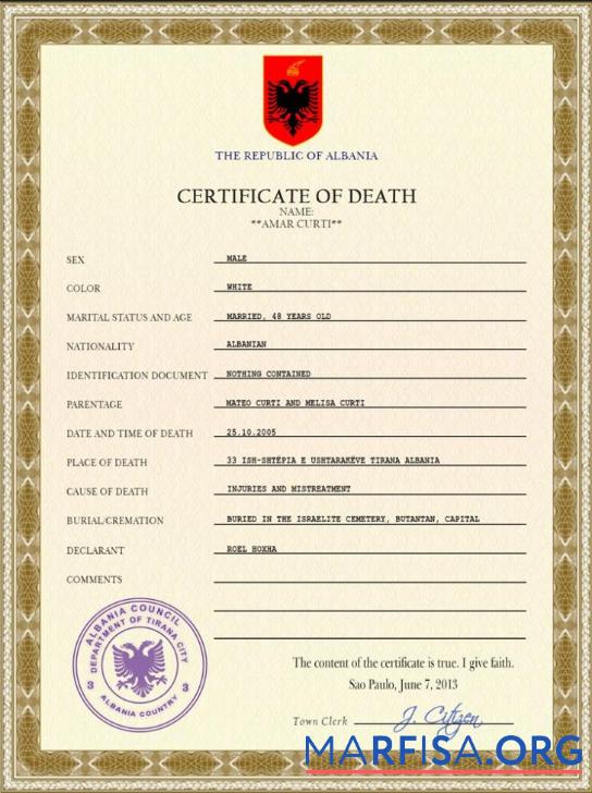 Downloadable Albania death certificate PSD download for verification
